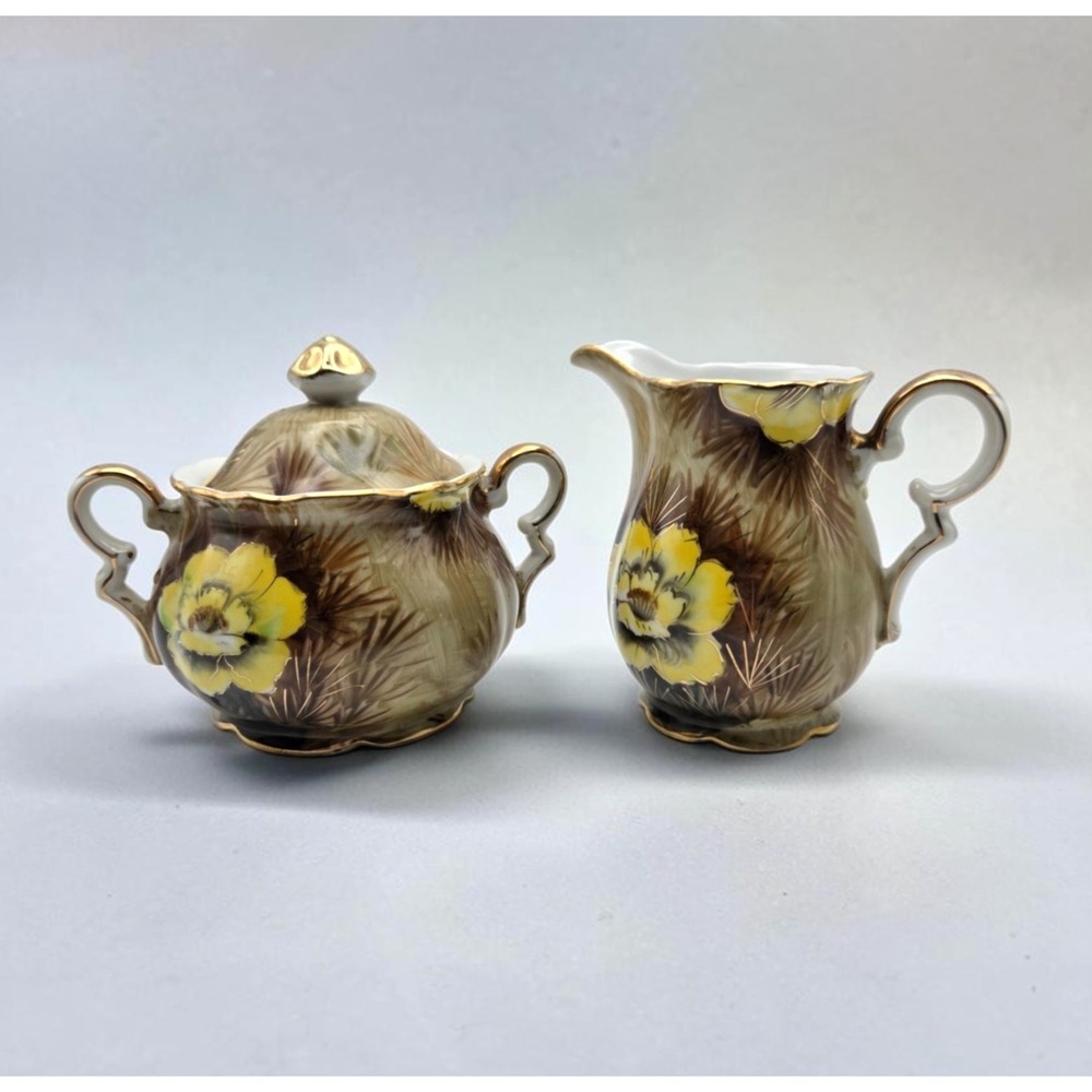Vintage Saji Fancy Occupied Japan "Wild Cactus" Gold Trim Creamer & Sugar Bowl